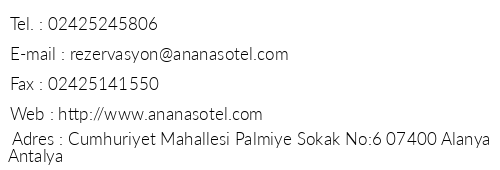 Ananas Hotel telefon numaralar, faks, e-mail, posta adresi ve iletiim bilgileri